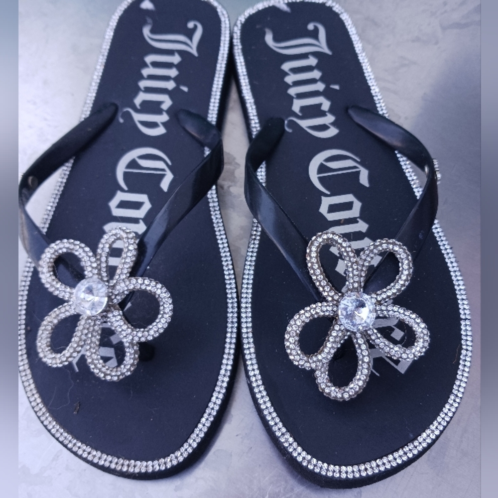 Juicy Couture Black Sandals with Rhinestone Flower